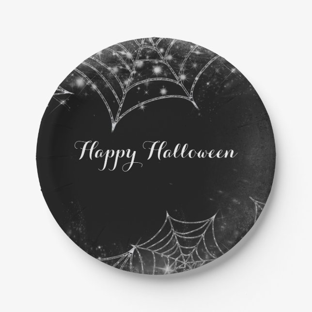 Sparkling Spiderwebs Halloween Party Paper Plates (Front)
