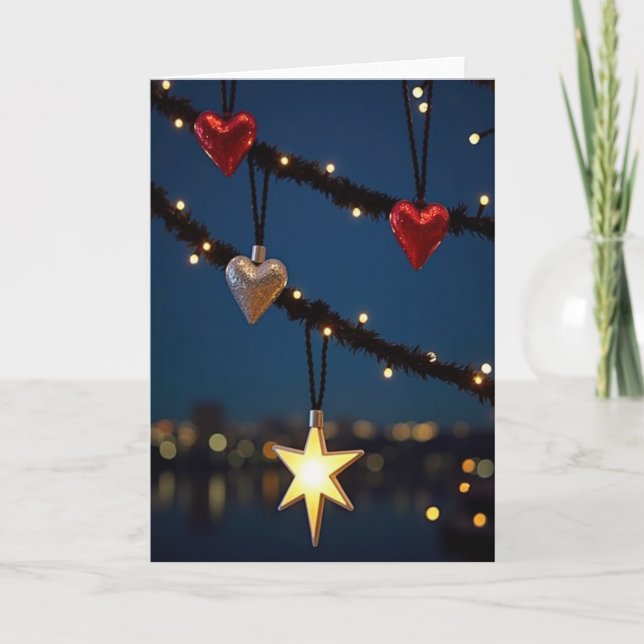 Sparkling Star Hearts Holiday Card (Front)
