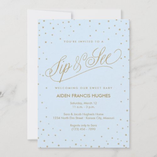 Sparkling Stars Blue Boy Baby Sip and See Invitation