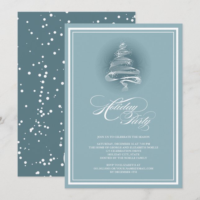 Sparkling Stars Blue Christmas Tree Holiday Party Invitation (Front/Back)