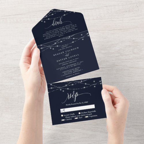 Sparkling String Lights Elegant Navy Blue Wedding All In One Invitation