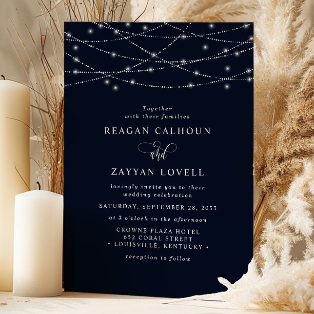 Sparkling String Lights Elegant Navy Blue Wedding Invitation (Creator Uploaded)