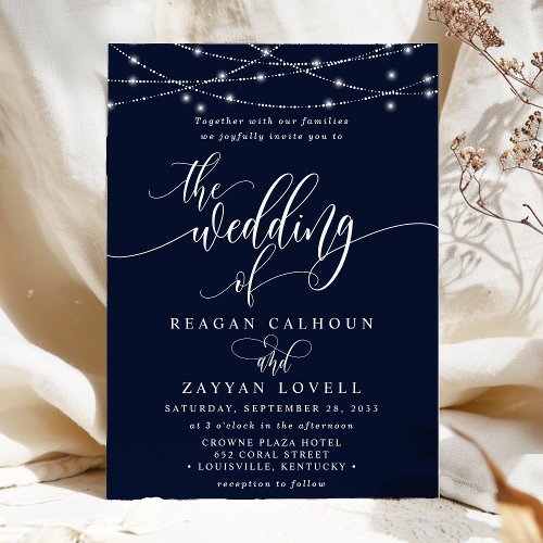 Sparkling String Lights Elegant Navy Wedding Invitation