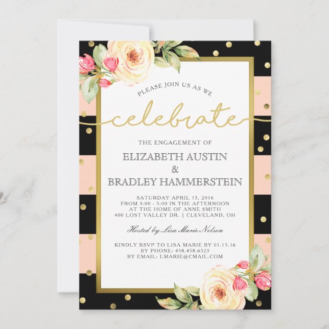 Sparkling Stripes | Floral Engagement Party Invitation (Front)