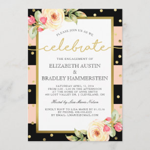 Sparkling Stripes Floral Engagement Party Invitation