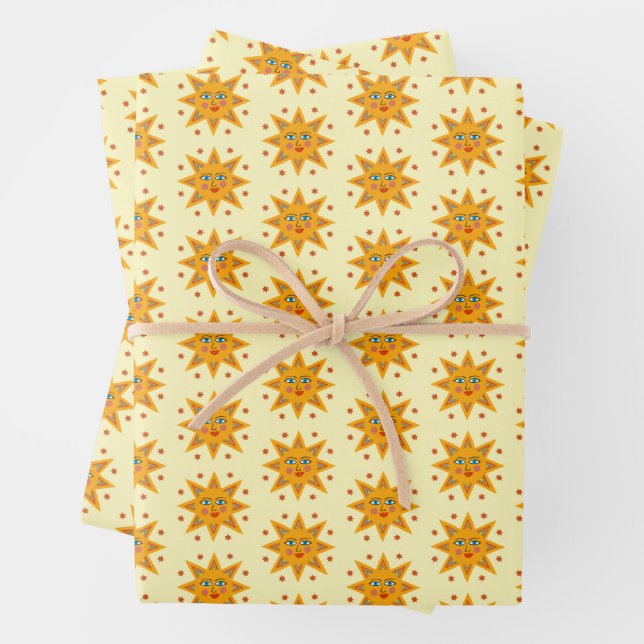 Sparkling Suns Cute Charming Pattern Gift Wrapping Paper Sheets (In situ)
