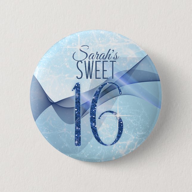 Sparkling Swirls Sweet Sixteen Blue ID652 Button (Front)