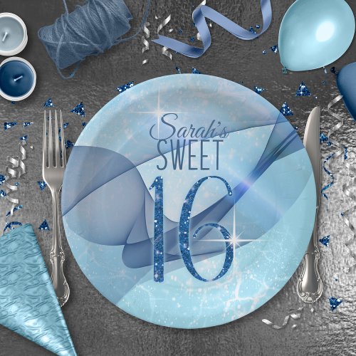 Sparkling Swirls Sweet Sixteen Blue ID652 Paper Plates