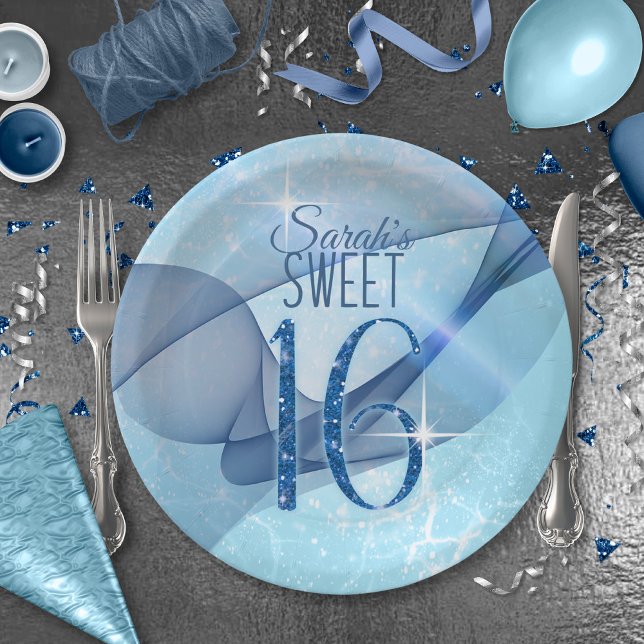Sparkling Swirls Sweet Sixteen Blue ID652 Paper Plates (Creator Uploaded)