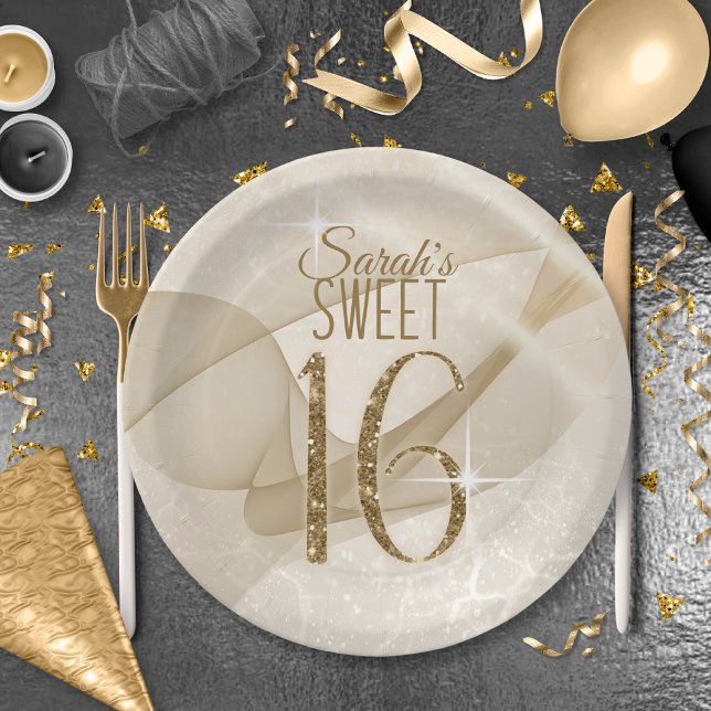 Sparkling Swirls Sweet Sixteen Gold ID652 Paper Plates (Creator Uploaded)