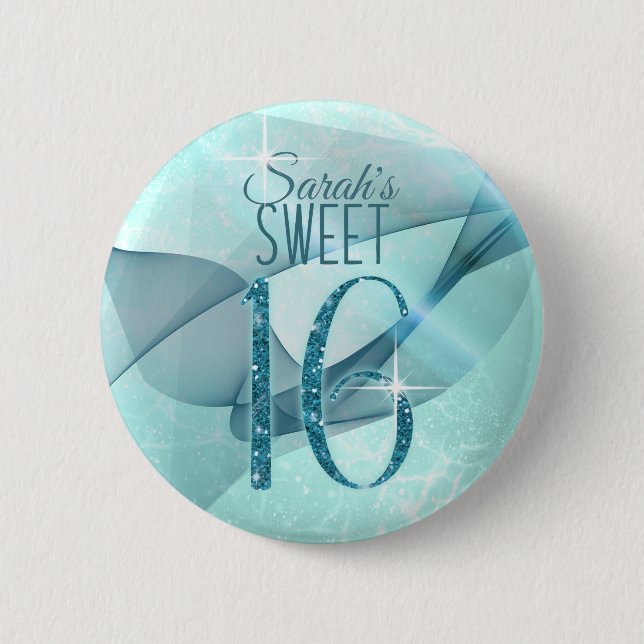 Sparkling Swirls Sweet Sixteen Teal ID652 Button (Front)