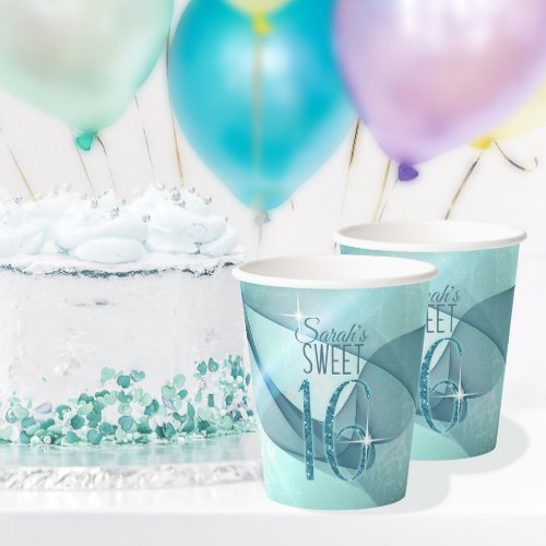 Sparkling Swirls Sweet Sixteen Teal ID652 Paper Cups