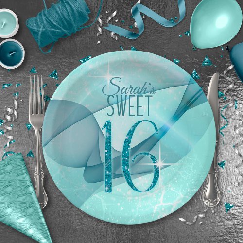 Sparkling Swirls Sweet Sixteen Teal ID652 Paper Plates