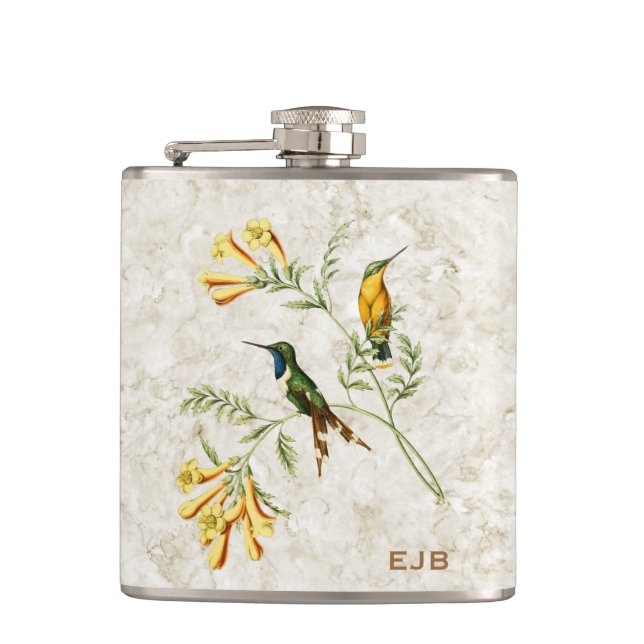 Sparkling Tailed Hummingbird Monogram Flask (Front)