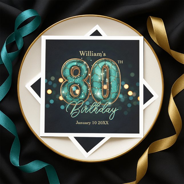  Sparkling Teal and Gold 80th Birthday  Napkins (Creator Uploaded)