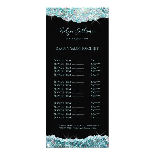 sparkling teal glitter price list rack card