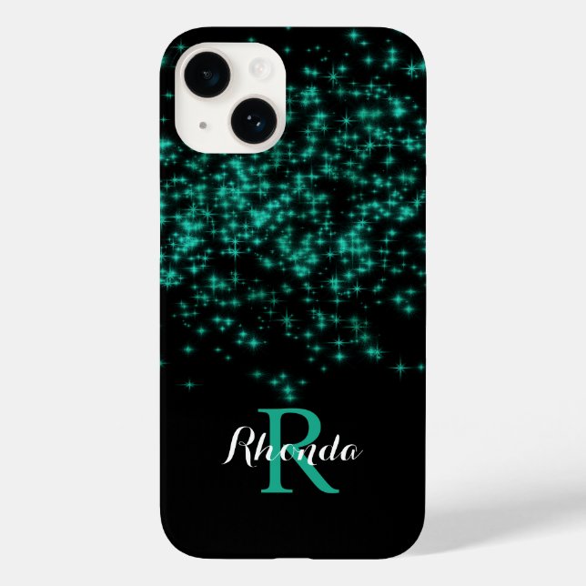 Sparkling Teal Ombre Glitter Star Black Background Case-Mate iPhone Case (Back)