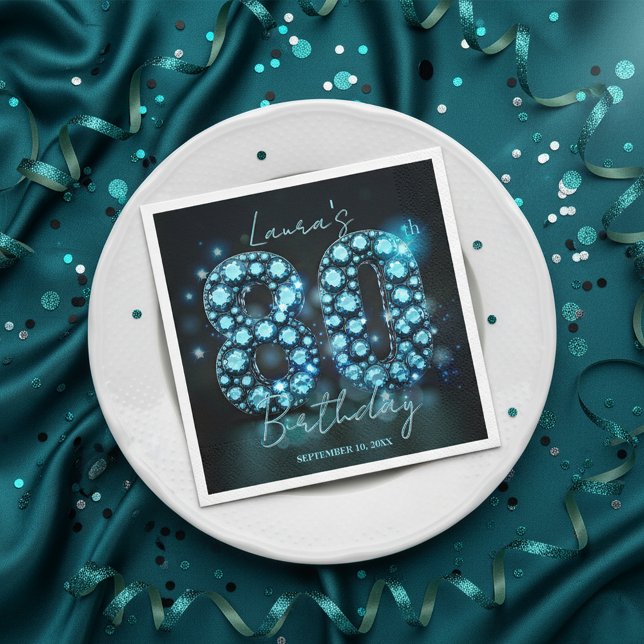 Sparkling Turquoise Black Diamond 80th Birthday Napkins (Creator Uploaded)