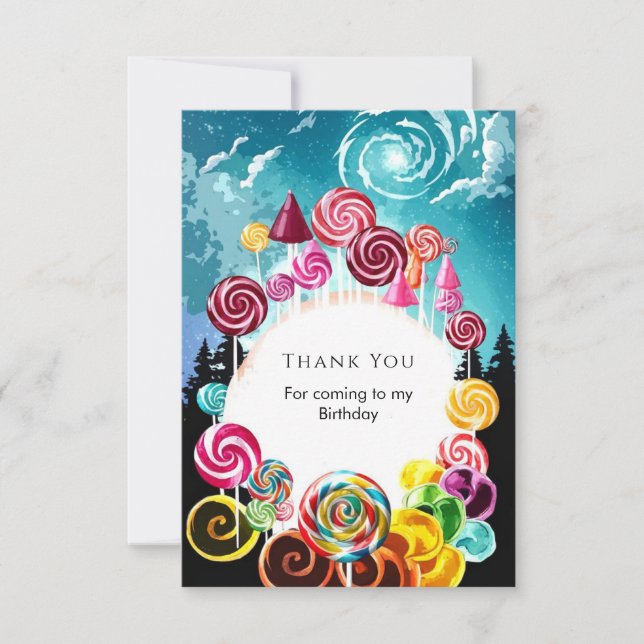 Sparkling Whimsical Candyland Birthday Thank You Card (Front)