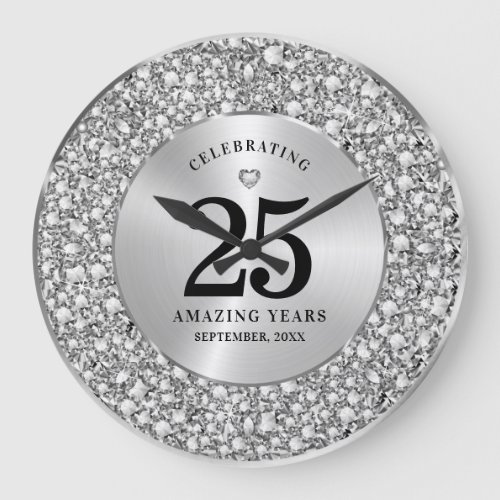 Sparkling White Diamonds 25th Wedding Anniversary  Large Clock