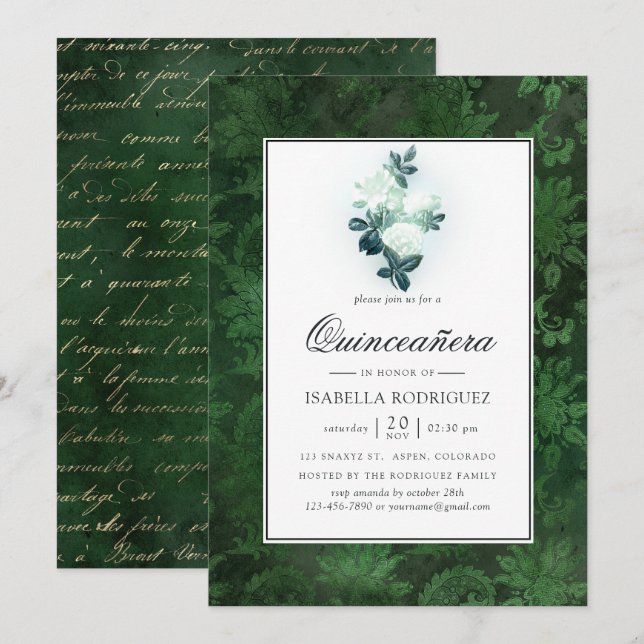 Sparkling White Roses and Green Damask Quinceañera Invitation (Front/Back)