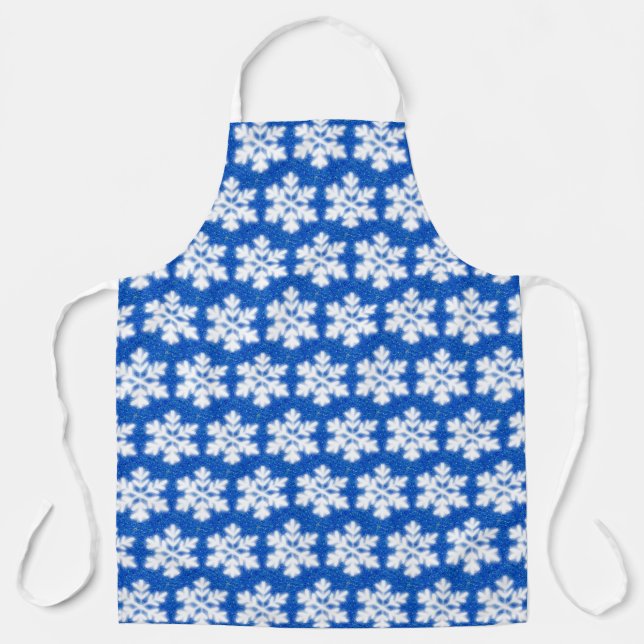 Sparkling white snowflakes blue background apron (Front)
