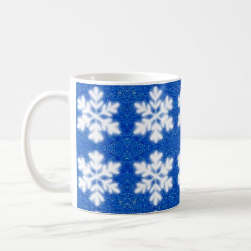 Sparkling white snowflakes blue background coffee mug