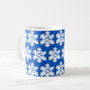 Sparkling white snowflakes blue background coffee mug