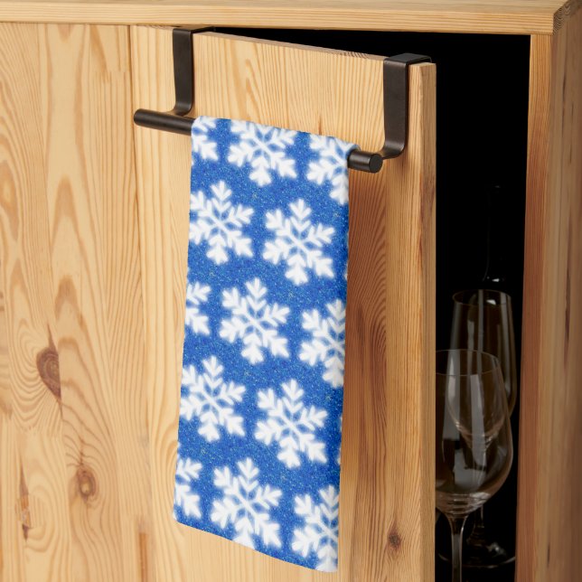 Sparkling white snowflakes blue background kitchen towel (Thirds Fold)
