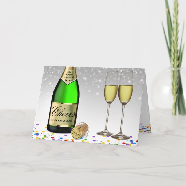 Sparkling Wine Bottle Happy New Year 2026 Holiday Card (Front)