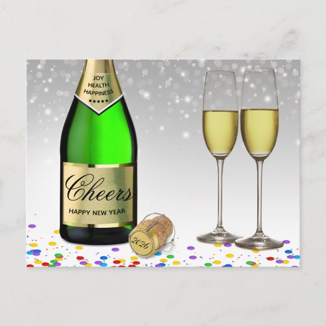 Sparkling Wine Bottle Happy New Year 2026 Holiday Postcard (Front)