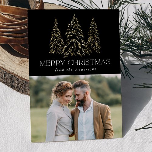 Sparkling Winter Pine Black and Gold Foil Holiday Card