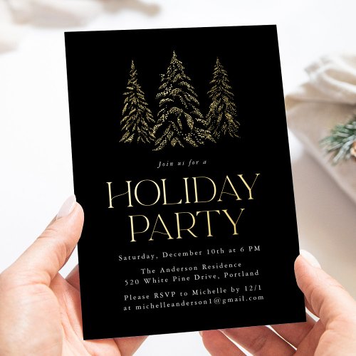Sparkling Winter Pine Black Holiday Party Foil Invitation