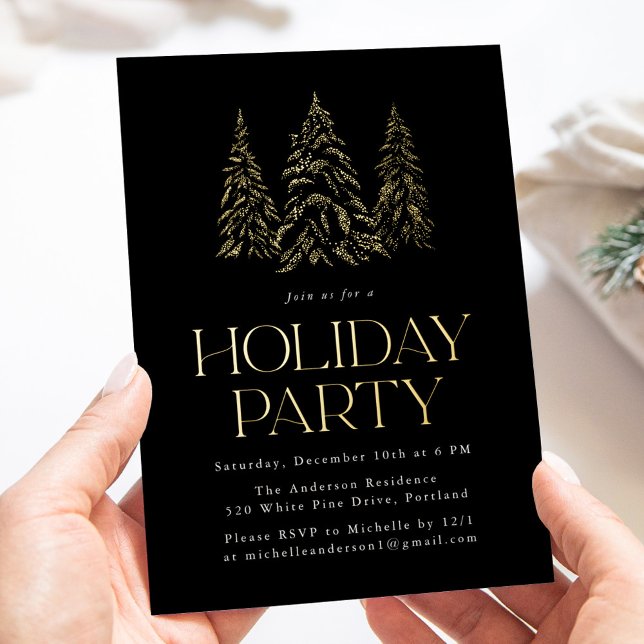 Sparkling Winter Pine Black Holiday Party Foil Invitation (Creator Uploaded)