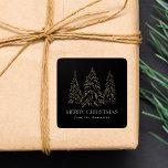 Sparkling Winter Pine Black Merry Christmas Square Sticker<br><div class="desc">Elegant Christmas stickers featuring snowy faux gold foil pine trees with a black background (or color of your choice). "Merry Christmas" is displayed in a white, modern serif font with your name or custom text below. The personalized holiday stickers are perfect to use for sealing Christmas card envelopes, gift wrapping,...</div>