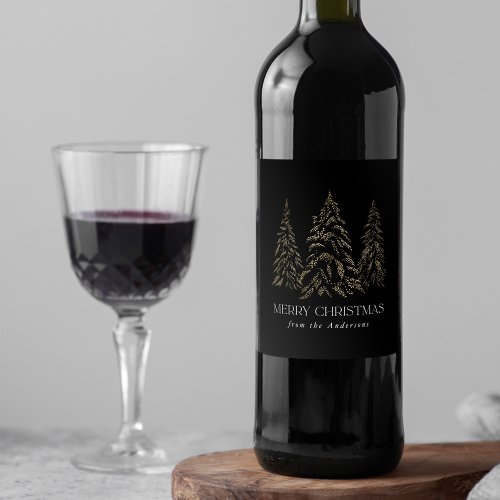 Sparkling Winter Pine Black Merry Christmas Wine Label