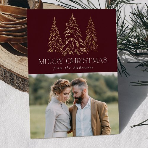 Sparkling Winter Pine Burgundy and Gold Foil Holiday Card