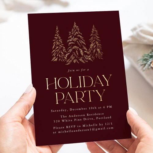 Sparkling Winter Pine Burgundy Holiday Party Foil Invitation