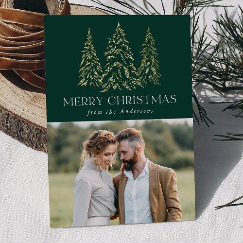 Sparkling Winter Pine Green and Gold Foil Holiday Card