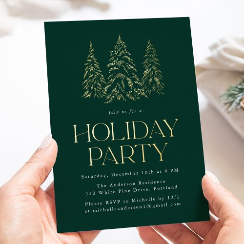Sparkling Winter Pine Green Holiday Party Foil Invitation