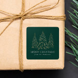 Sparkling Winter Pine Green Merry Christmas Square Sticker<br><div class="desc">Elegant Christmas stickers featuring snowy faux gold foil pine trees with a green background (or color of your choice). "Merry Christmas" is displayed in a white, modern serif font with your name or custom text below. The personalized holiday stickers are perfect to use for sealing Christmas card envelopes, gift wrapping,...</div>