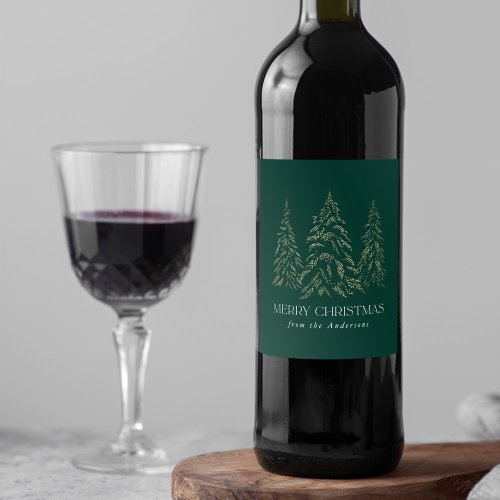 Sparkling Winter Pine Green Merry Christmas Wine Label