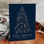 Sparkling Winter Pine Merry Christmas Non-Photo Holiday Card<br><div class="desc">Modern & elegant holiday card featuring a snowy faux gold foil pine tree with a navy background (or color of your choice). "Merry Christmas" is displayed in a white, modern serif font with your name or custom text below. The non-photo holiday card reverses to display three golden pine trees with...</div>