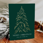 Sparkling Winter Pine Merry Christmas Non-Photo Holiday Card<br><div class="desc">Modern & elegant holiday card featuring a snowy faux gold foil pine tree with a green background (or color of your choice). "Merry Christmas" is displayed in a white, modern serif font with your name or custom text below. The non-photo holiday card reverses to display three golden pine trees with...</div>