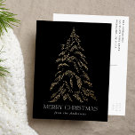 Sparkling Winter Pine Merry Christmas Non-Photo Holiday Postcard<br><div class="desc">Modern & elegant holiday postcard featuring a snowy faux gold foil pine tree with a black background (or color of your choice). "Merry Christmas" is displayed in a white, modern serif font with your name or custom text below. The non-photo holiday card reverses to display your return address and custom...</div>