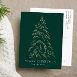 Sparkling Winter Pine Merry Christmas Non-Photo Holiday Postcard<br><div class="desc">Modern & elegant holiday postcard featuring a snowy faux gold foil pine tree with a green background (or color of your choice). "Merry Christmas" is displayed in a white, modern serif font with your name or custom text below. The non-photo holiday card reverses to display your return address and custom...</div>