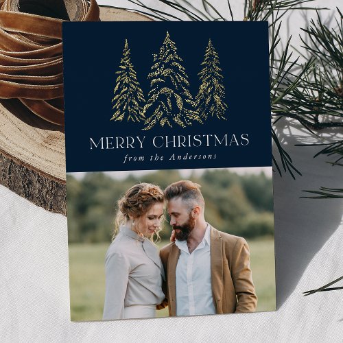 Sparkling Winter Pine Navy and Gold Foil Holiday Card