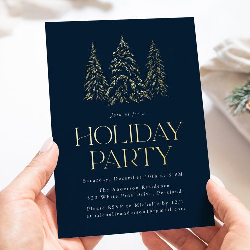 Sparkling Winter Pine Navy Holiday Party Foil Invitation
