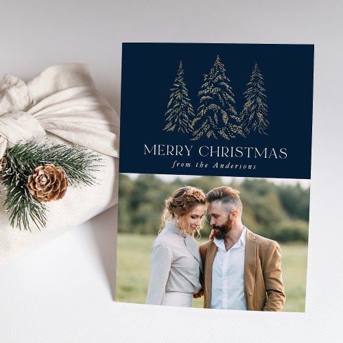 Sparkling Winter Pine Navy Merry Christmas 2 Photo Holiday Card