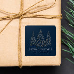 Sparkling Winter Pine Navy Merry Christmas Square Sticker<br><div class="desc">Elegant Christmas stickers featuring snowy faux gold foil pine trees with a navy background (or color of your choice). "Merry Christmas" is displayed in a white, modern serif font with your name or custom text below. The personalized holiday stickers are perfect to use for sealing Christmas card envelopes, gift wrapping,...</div>